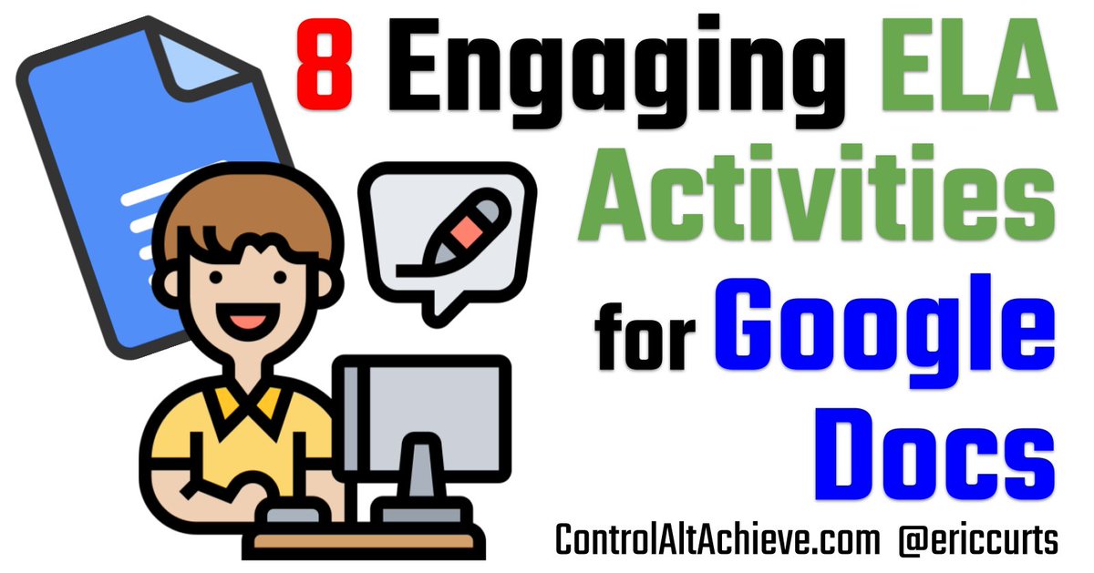 8 ELA Activities for Docs controlaltachieve.com/2022/09/8-enga…

🟨 Highlight summary
⬛ Blackout poetry
😀 Emoji writing
📘 Cloze reading
🐉 CYOA stories
💡 Graphic org prewriting
✍️ Less is more
⌨️ Punctuation practice

#ControlAltAchieve #edtech #EduTwitter #TLAP #elachat #engchat #literacy