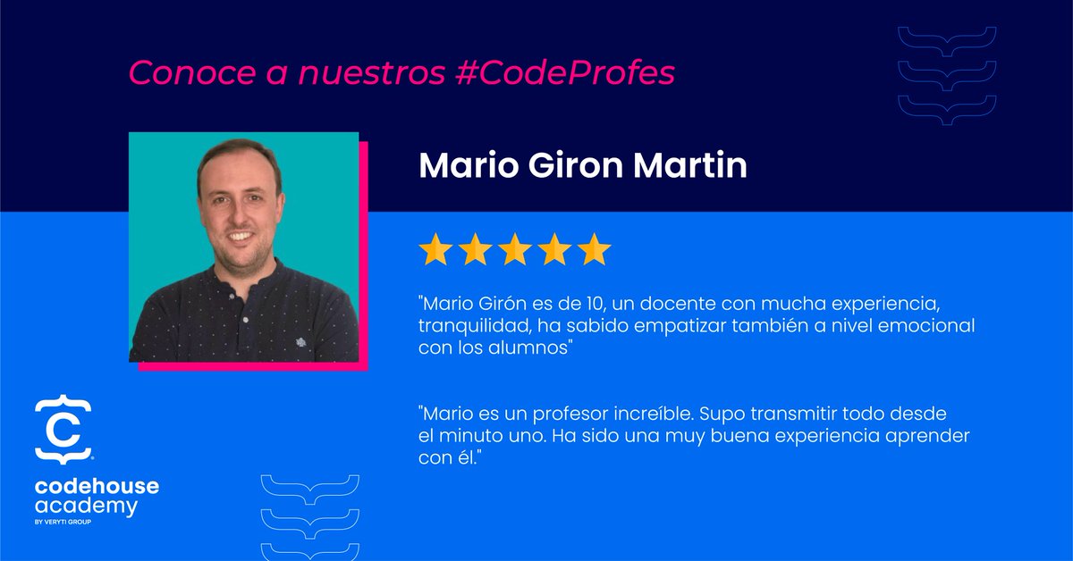 CodeHouseLearn's tweet photo. Contamos con profesores líderes en el sector 👨💻🦾
¿Conoces a los #CodeProfes que te formarán en nuestros #Bootcamp Fullstack? 🤨
Hoy te presentamos a @m_giron 👨💻 Senior Full Stack Web & Mobile Developer y tu CodeProfe de Node en nuestro Bootcamp #Fullstack
Infórmate 👇 https://t.co/EuBOmUqkgU