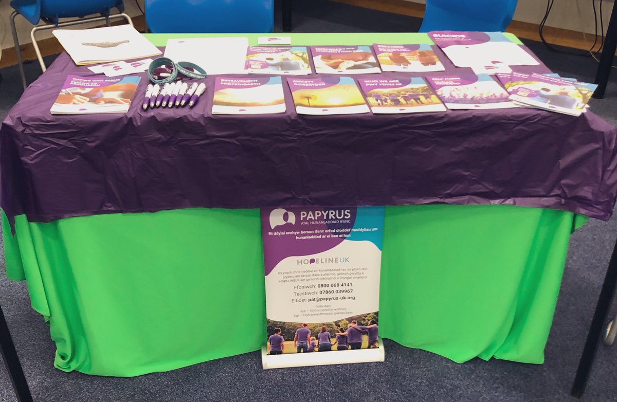 paulavaughanpop's tweet photo. All setup at  @colegcambria #Deeside to promote 
PAPYRUS_Charity 💜

#SuicidePrevention 

@NWalesSocial #Students https://t.co/KhRYAFJxHc