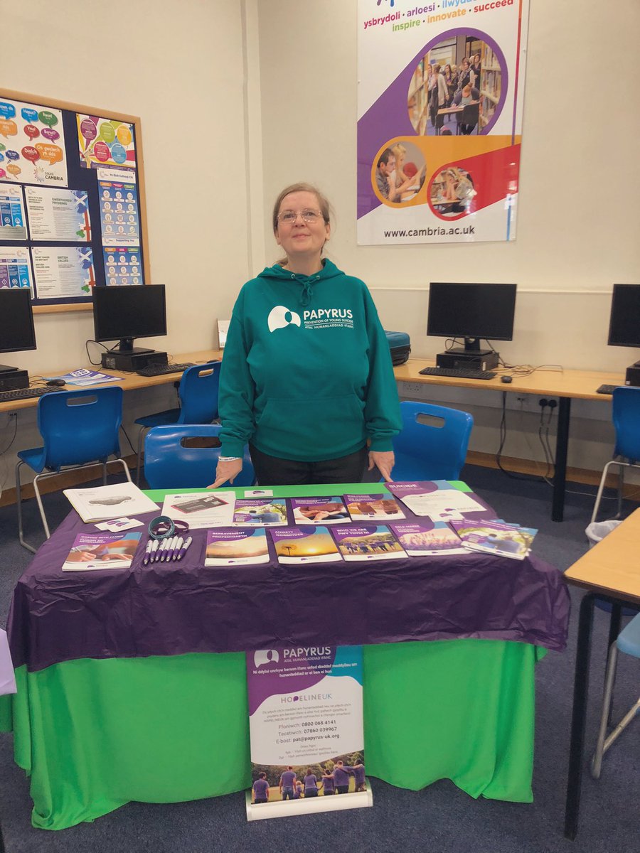 paulavaughanpop's tweet photo. All setup at  @colegcambria #Deeside to promote 
PAPYRUS_Charity 💜

#SuicidePrevention 

@NWalesSocial #Students https://t.co/KhRYAFJxHc