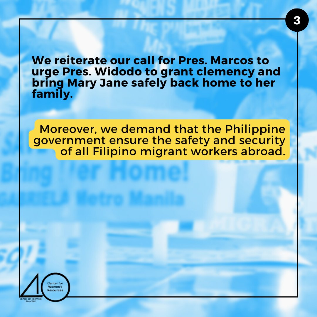 cwr1982's tweet photo. The Center for Women’s Resources calls on President Marcos Jr. to prioritize raising the issue of Mary Jane Veloso and seek clemency as he visits and speaks with Indonesia President Joko Widodo this week. (1/2) https://t.co/MgFAFwWYNb