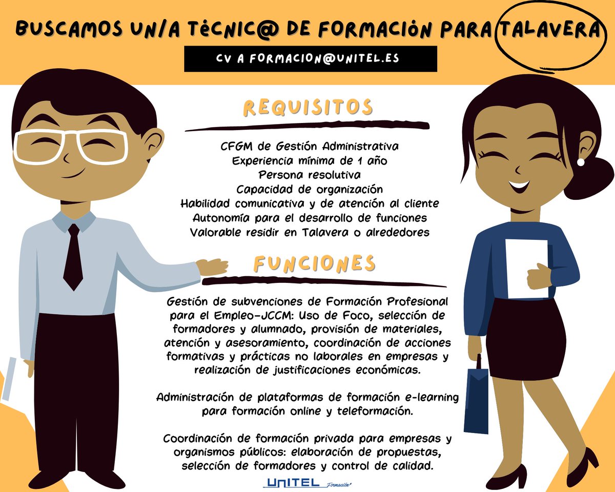 UnitelFormacion (@unitelformacion) on Twitter photo Volvemos a la rutina con fuerza y con una gran #ofertaempleo
Buscamos Técnico de Formación para #talaveradelareina
🤔¿Estas interesad@ o conoces a alguien que pudiera encajar?🤓
Lee los requisitos y funciones 👇👇
unitel-tc.com/precisamos-tec…
CV a 📧formacion@unitel.es Volvemos a la rutina con fuerza y con una gran #ofertaempleo
Buscamos Técnico de Formación para #talaveradelareina
🤔¿Estas interesad@ o conoces a alguien que pudiera encajar?🤓
Lee los requisitos y funciones 👇👇
unitel-tc.com/precisamos-tec…
CV a 📧formacion@unitel.es