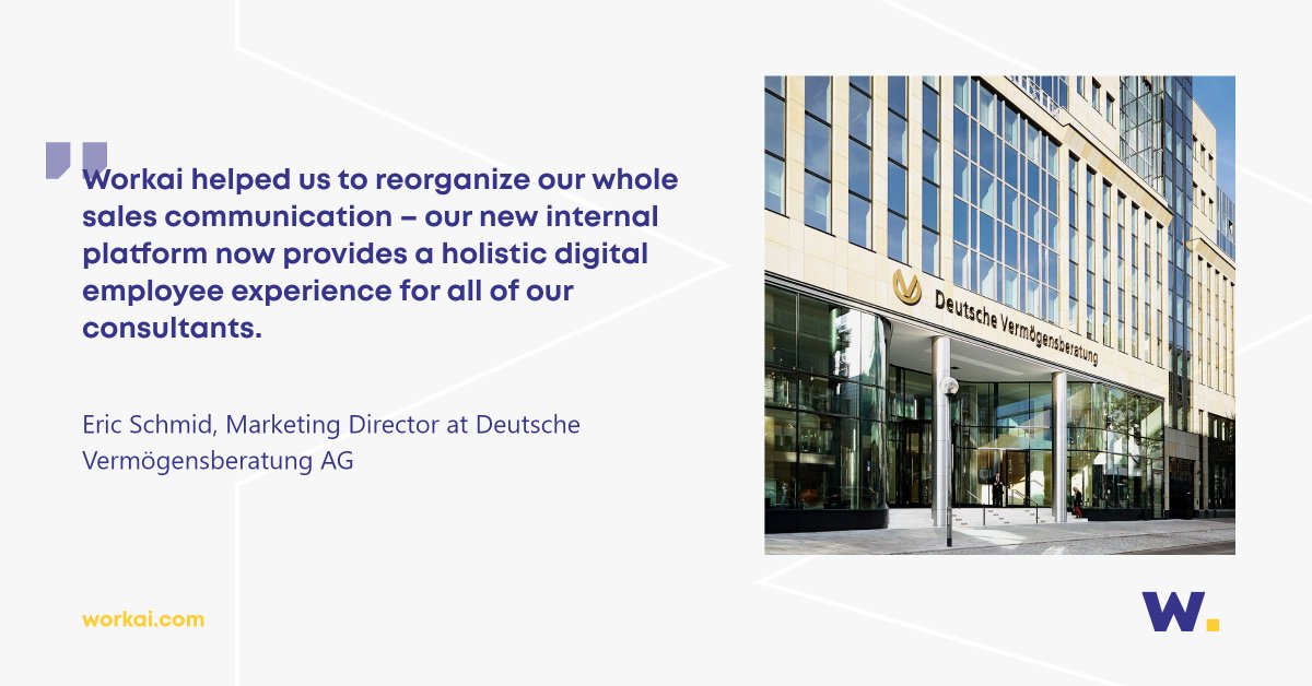 🏆 In 2021, Workai’s implementation at <a href="/DVAG/">DVAG</a> was named one of the world's best #intranet projects by <a href="/NNgroup/">Nielsen Norman Group</a>

❓ How has this implementation affected the operation of the 18,000+ employees company?

👉 Book a demo and find out how we can make a difference in your company!