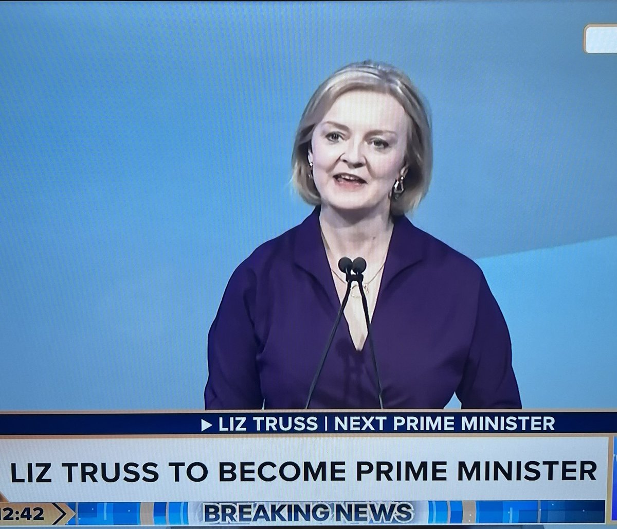 piersmorgan's tweet photo. BREAKING: Liz Truss is Britain’s new Prime Minister. I wish her well after voluntarily receiving the biggest hospital pass in modern political history. https://t.co/rg3JE9i0GH