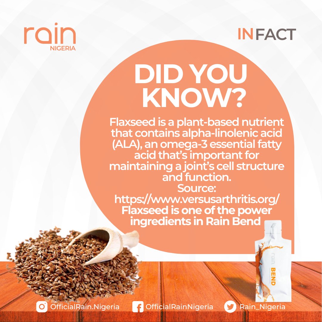 seedsciencenut's tweet photo. Flaxseed is one of the power ingredients in Rain Bend which helps to protect and keep your joints healthy!
Do you want to enjoy the benefits of flaxseed? Rain Bend has got you coveredβ¦
#health #rainnigeria #rainbend #wellness #supplements #flaxseed #nutrition #healthyfood https://t.co/L86qTihCgA