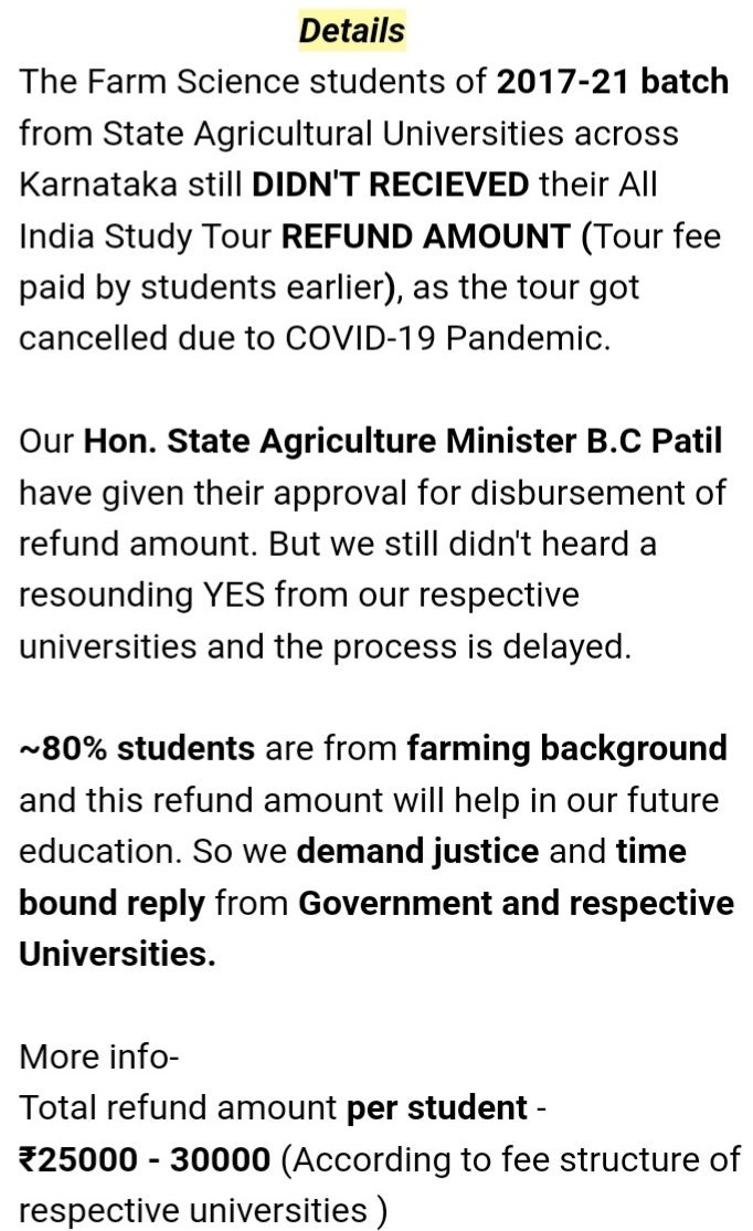 students_agri's tweet photo. #JusticeforFarmersChildren #HardEarnedMoneyofOurParents
@bcpatilkourava Farm science students of 2017-2021 batch of State Agricultural Universities across Karnataka have not received All India Study Tour REFUND AMOUNT. 
 @BSBommai  @nstomar @icarindia  @TCGEHLOT @AgricultureKar1 https://t.co/lLT56hM96k