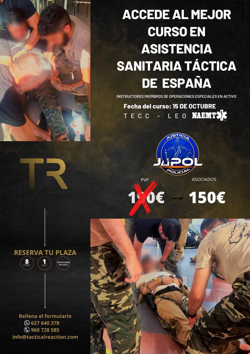 Jupol_Valencia's tweet image. 🔵👮‍♂️🔵
Curso asistencia sanitaria táctica 

➡️Lo imparten instructores miembros de operaciones especiales en activo.

➡️Plazas limitadas

1️⃣5️⃣ octubre 
8 horas
Certificado oficial 

Fecha límite 📝 11 octubre 
#Evolutionbox 

Mas info e inscripción 👇🏻 

forms.gle/cmqpieqaewNsP1…