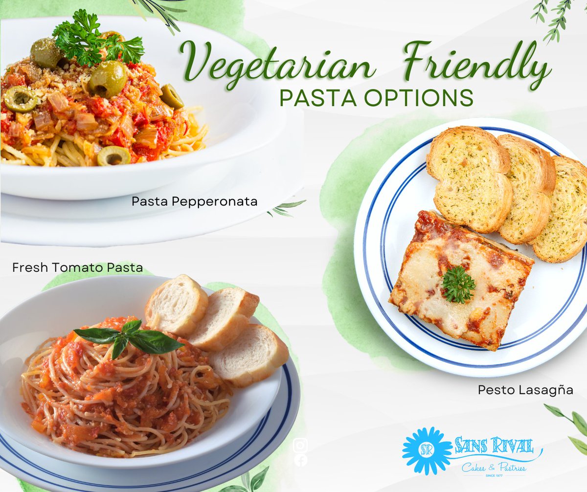 SansRivalPH's tweet photo. Featuring our vegetarian pasta options! 🥬 
They’re super delizioso! 👌🏻 https://t.co/5y7rT8DLSM