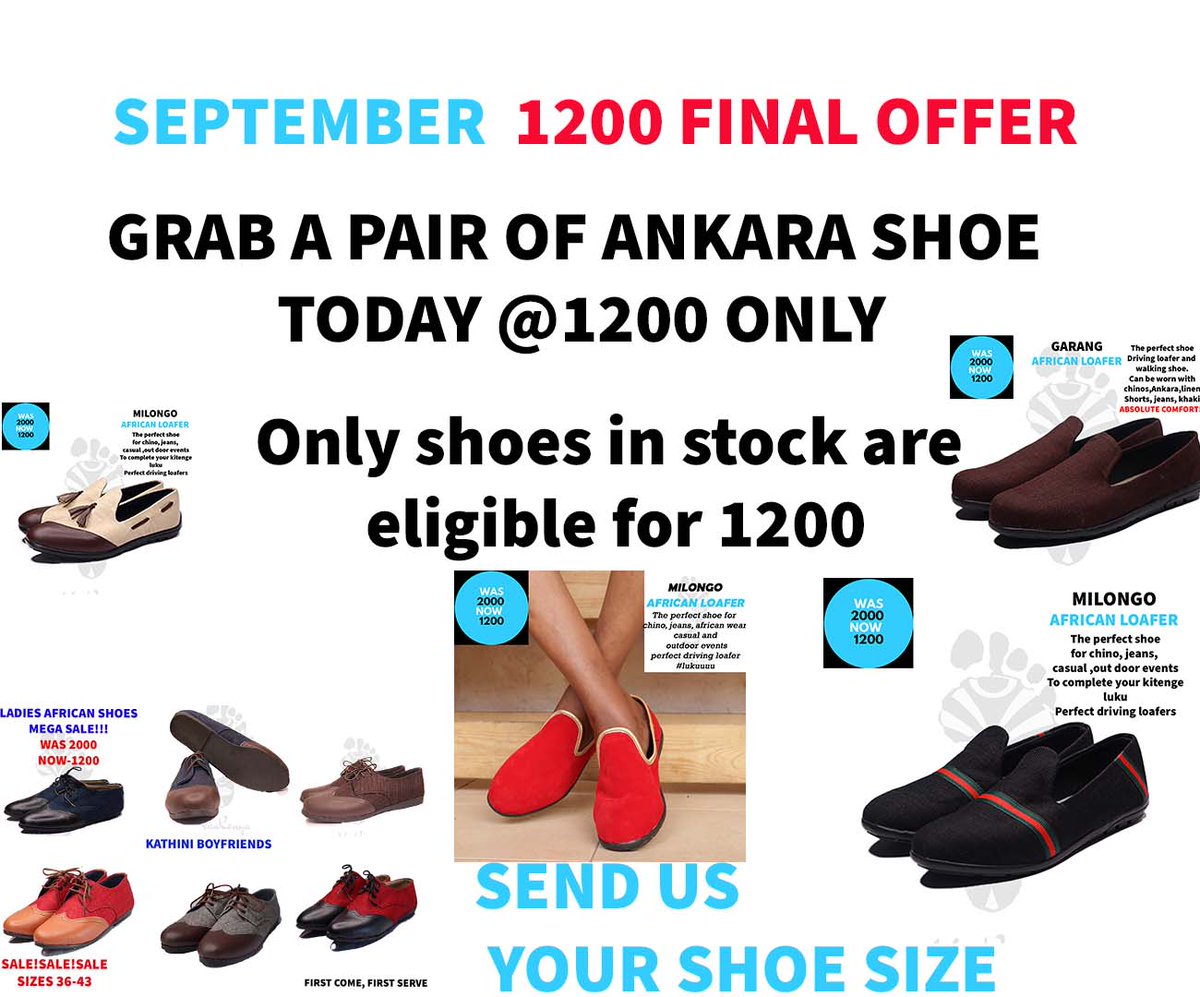 Dear Customer,
Only four months remain in the year, Happy new month.
Thank you for your support. 
We are finally closing the 1200 mega sale.
Only shoes in stock will be available for 1200 as we wrap up the sale and return to our regular price of 2000. 
Take advantage today