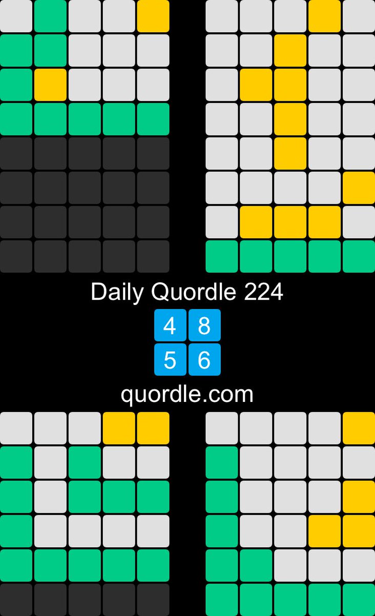 driver20_driver's tweet image. Daily Quordle 224
4️⃣8️⃣
5️⃣6️⃣
quordle.com