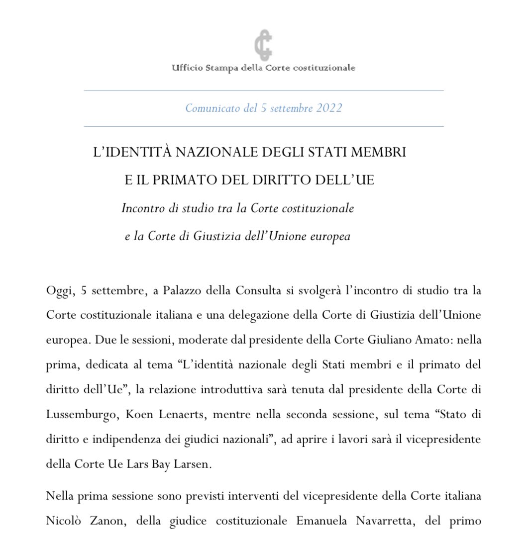 CorteCost's tweet photo. L’identità nazionale degli Stati membri e il primato del diritto dell’Ue.

Incontro di studio tra la Corte costituzionale e la Corte di Giustizia dell’Unione europea.

https://t.co/q73OIy7CQU

#Cortecostituzionale @EUCourtPress https://t.co/dcEA5c9Qgv