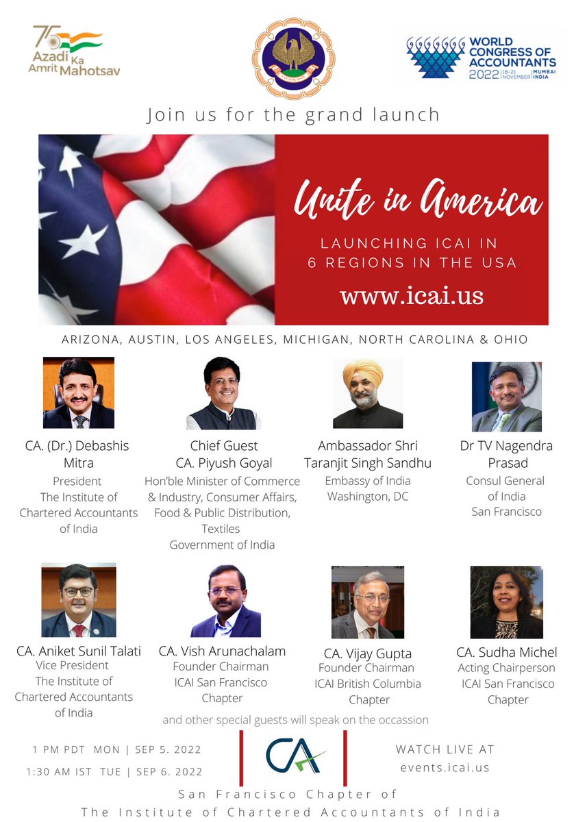 icaisfo's tweet photo. Join us on Sep 5 for the Grand launch of @theicai in 6 regions in the USA @icaiusa @IndianEmbassyUS @PIB_India @CGISFO @PiyushGoyal @SandhuTaranjitS @nagentv @drdebashismitra @AniketTalati @Arunvis @sudhamichel @PiyushGoyalOffc @TexMinIndia @CimGOI #uniteinamerica #indus https://t.co/ssfzCgLOUy
