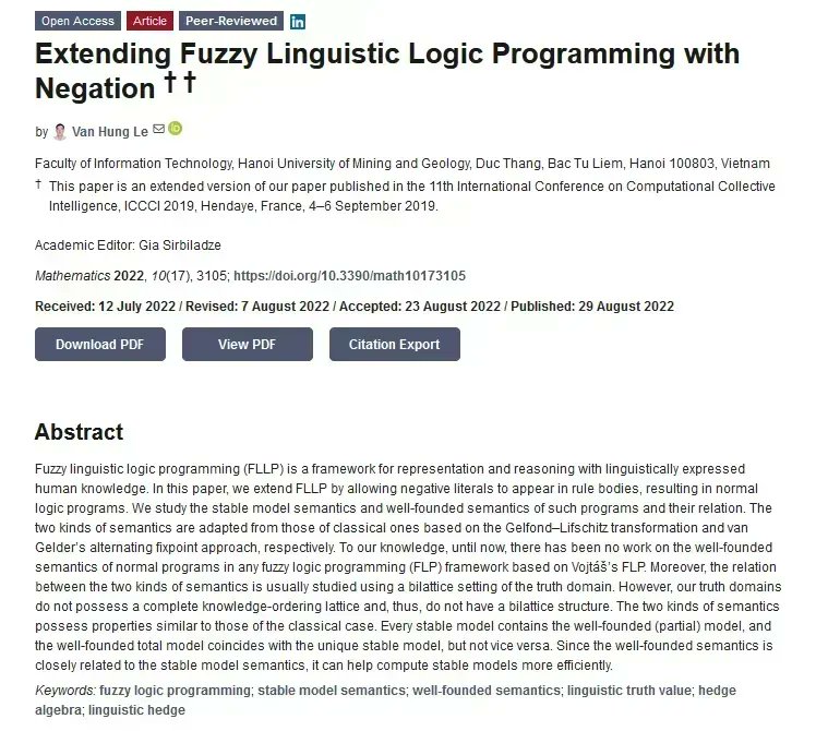 MathematicsMDPI's tweet photo. 📢#mdpimathematics Article by Dr. Van Hung Le. "Extending #Fuzzy Linguistic #Logic #Programming with Negation"
#FuzzyLogic #Programming #LinguisticHedge #FLLP
👉https://t.co/ISLG5ta4rb
@MDPIOpenAccess https://t.co/g4dlvTQ6Kp