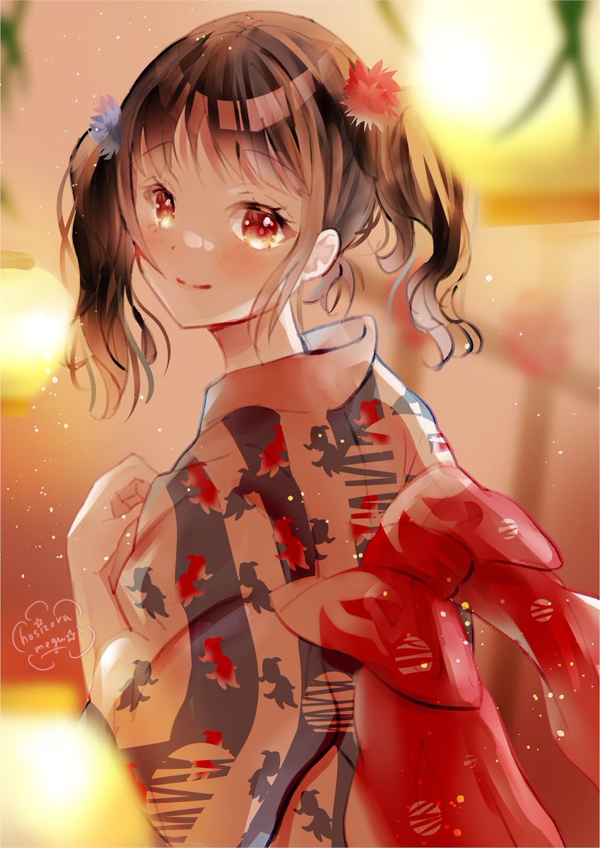 1girl japanese clothes kimono solo twintails looking at viewer looking back  illustration images