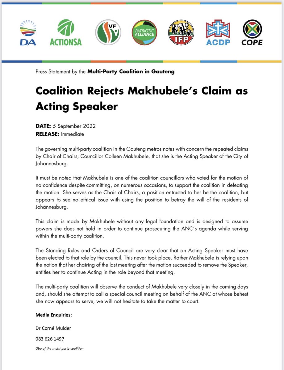 MulderCorn's tweet photo. #CoJ Colleen Makhubele is not acting Speaker and only speaks on behalve of herself @news24 ⁦@IOL⁩ ⁦@TimesLIVE⁩ https://t.co/TpyQar3ZHp