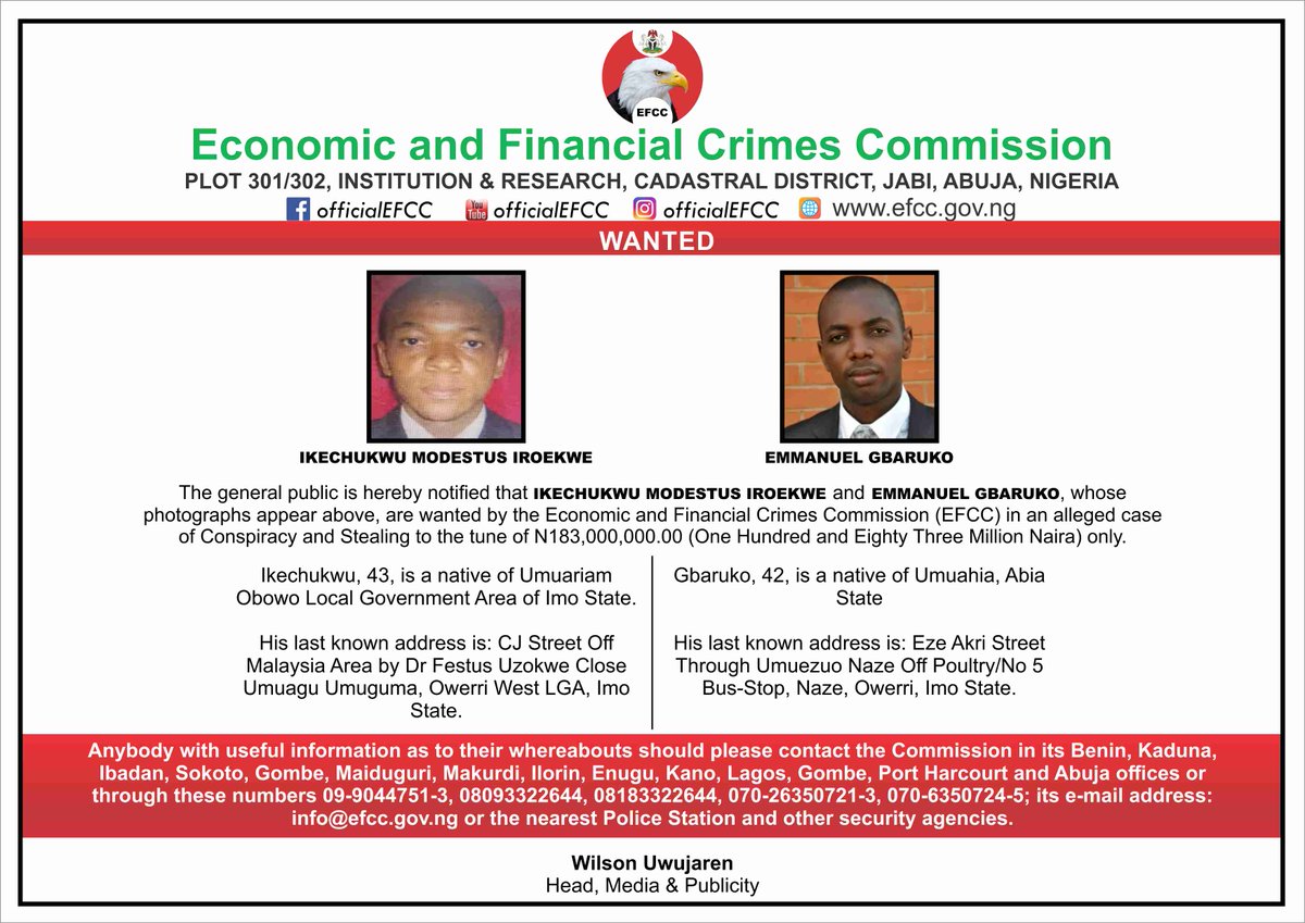 officialEFCC's tweet photo. WANTED BY THE EFCC:

Anyone with useful information as to the whereabouts IKECHUKWU MODESTUS IROKWE and EMMANUEL GBARUKO should contact the EFCC or report to the nearest Police Station.

#TowardsABetterNigeria
#SayNoToCorruption https://t.co/EHx0BOC07y