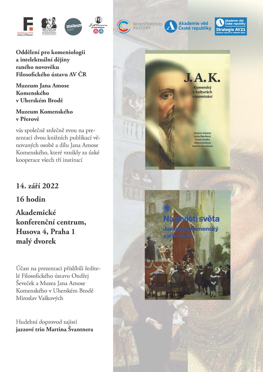 komeniologieCAS's tweet photo. @komeniologieCAS @ProgramMJAKUB a Muzeum Komenského v Přerově zvou na #prezentaci katalogů z #vystavy o Komenském:
📌14. 9. 2022, AKC, Husova 4a, Praha 1
🎻Hudební doprovod: Martin Švantner Trio https://t.co/VaeCquR7Q2
