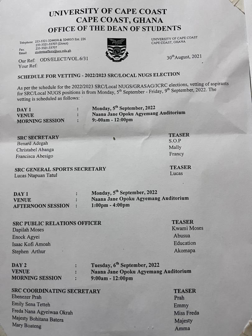src_ucc's tweet photo. Vetting of SRC/Local Nugs aspirants start today, 5th September 2022. Below is the timetable https://t.co/mzvz1ytvZO