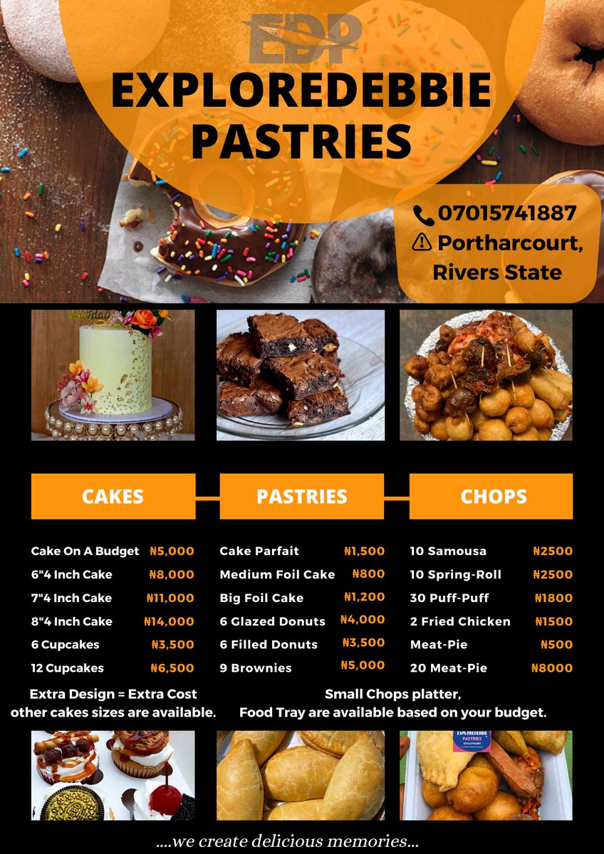 ExploreDebbie's tweet photo. Still your favourite cakes, pastries, food tray vendor in Portharcourt. 
Always available to take your orders ����
Call/Whatsap: 07015741887, 09156019126.

Have an amazing week❤️

View our menu below👇
#exploredebbie #womeninbusiness #phtwittercommunity #cake #foodtray @PH_Socials https://t.co/uLcwCu2eH9