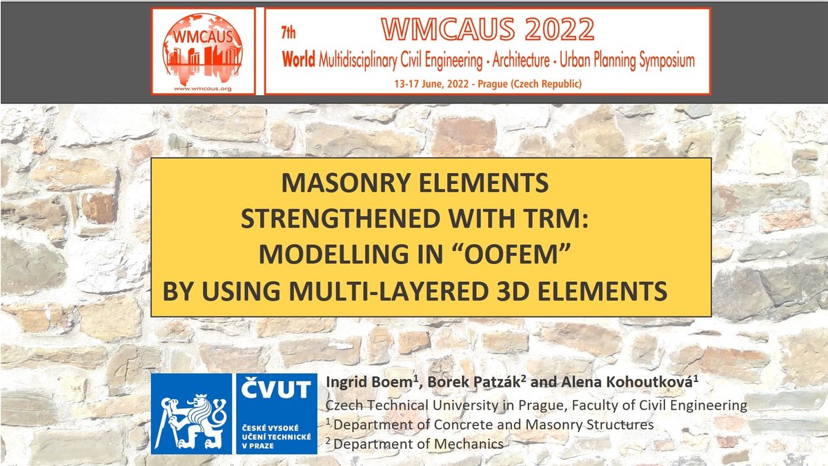 Ingrid_Boem's tweet photo. ⚠️Today at #WMCAUS 2022 I'll held my presentation "Masonry elements strengthened with TRM: modelling in #OOFEM by using multi-layered 3D elements".
#ConFiRMa
@MSCActions @EU_H2020 @CORDIS_EU @REA_research @Mariecurie_alum @fsv_ctu @CVUTPraha @studyatctu https://t.co/nDzfyjVd5b