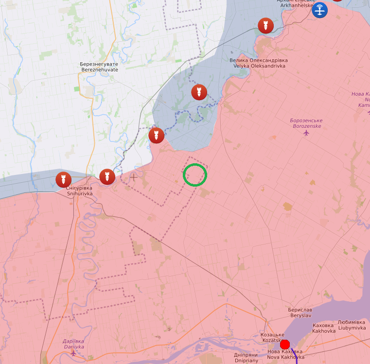 P__Oli's tweet photo. #Kherson region: According to the morning report of the Ukrainian General Staff, the orcs are shelling the village of #Bezimenne (green circle), which means that the Ukrainian bridgehead east of the #Ingulets River is still growing. https://t.co/WavDjq7mic https://t.co/YbpCfe78vr