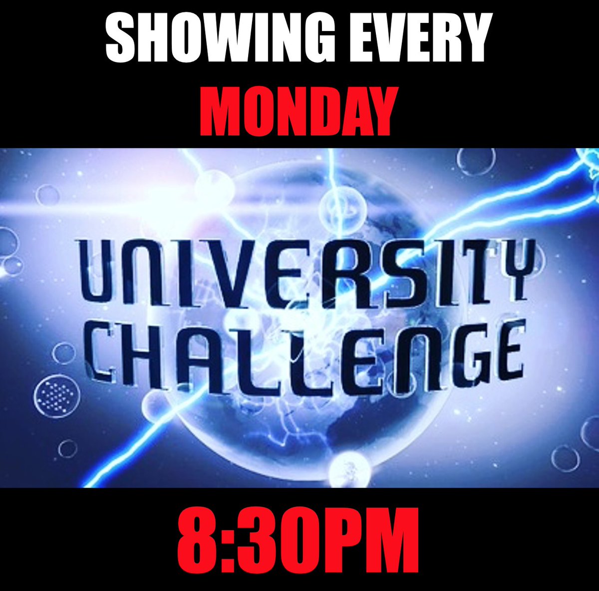 It's back! Come watch weird people with weird hair answer difficult questions. Every Monday, 8:30pm. #Cambridge #cambridgeuniversity #universitychallenge #university #college #trivia #gameshow #tv #fun