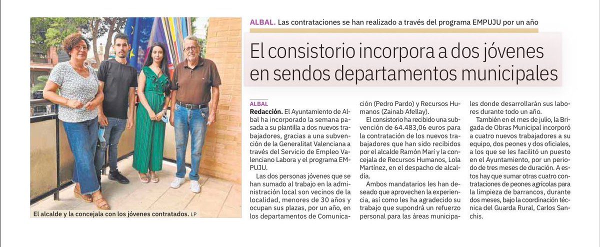 AjuntamentAlbal's tweet image. Benvinguts a l' @AjuntamentAlbal Pedro i Zainab, esperem que aprofiteu l'experiència professional als Departaments de Comunicació i Recursos Humans

Gràcies a l' #EMPUJU de @GVAlabora

Moltes gràcies pel vostre treball ❤️

@lasprovincias 
⬇️