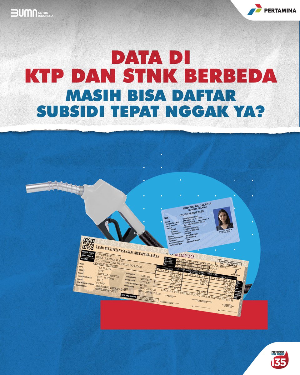MyPertaminaID's tweet photo. BISA DONG, SOB!

Meski data diri yang tercantum pada Kartu Tanda Penduduk (KTP) berbeda dengan Surat Tanda Nomor Kendaraan (STNK) yang dimiliki, kamu masih bisa melakukan pendaftaran Program Subsidi Tepat lho! https://t.co/BYgwtxwFzj