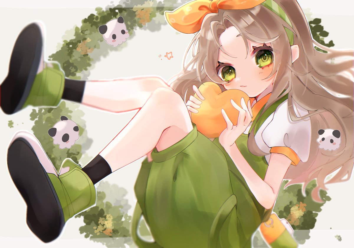 1girl green footwear green eyes solo overalls long hair brown hair  illustration images