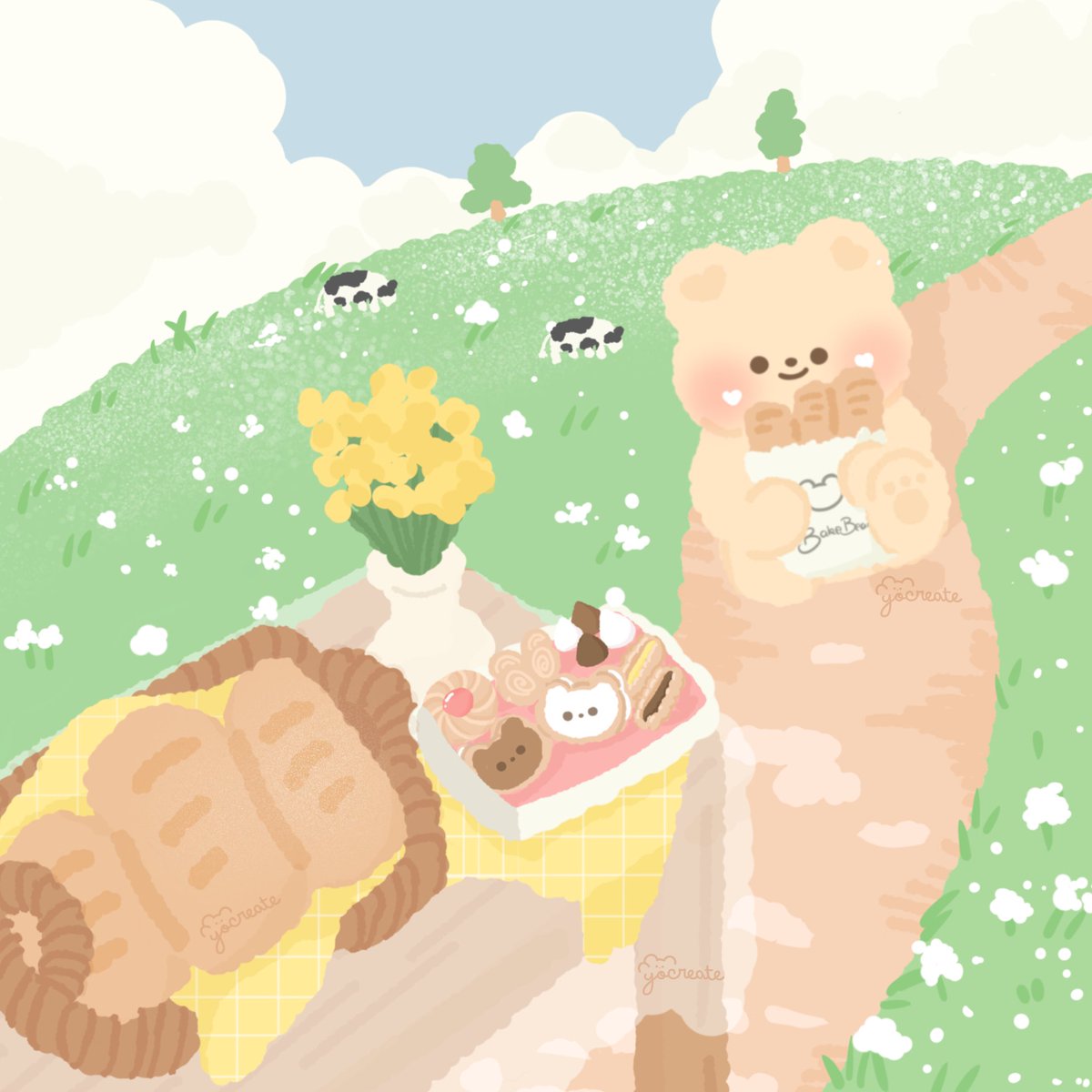 YoYothaka's tweet photo. #bcm206 my illustration Inspired by Cottagecore aesthetics (Pinterest photos) I also included little cows in the background to accentuate that country feel 🌷🥰🧸 find more illustration like this on my Instagram @Yocreatedigitals https://t.co/gybeeUxFWw