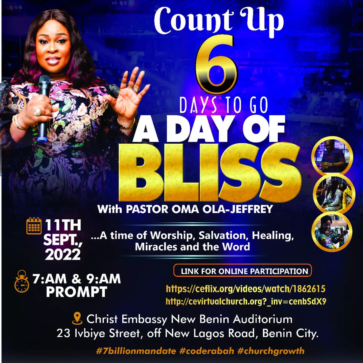 OmaJeffrey's tweet photo. Itβs 6 Days to DAY OF BLISS! We shall finish the Race according to our Description! Glory!πππ
#dayofbliss
#DOBwithPOOJ
#cellministry
#7billionmandate
#soultracker
#ceclfportal
#coderabah
#coderabahactivated
#coderabahmovement
#cenewbenin
#cemidwestzone https://t.co/SV5IBLsQWb