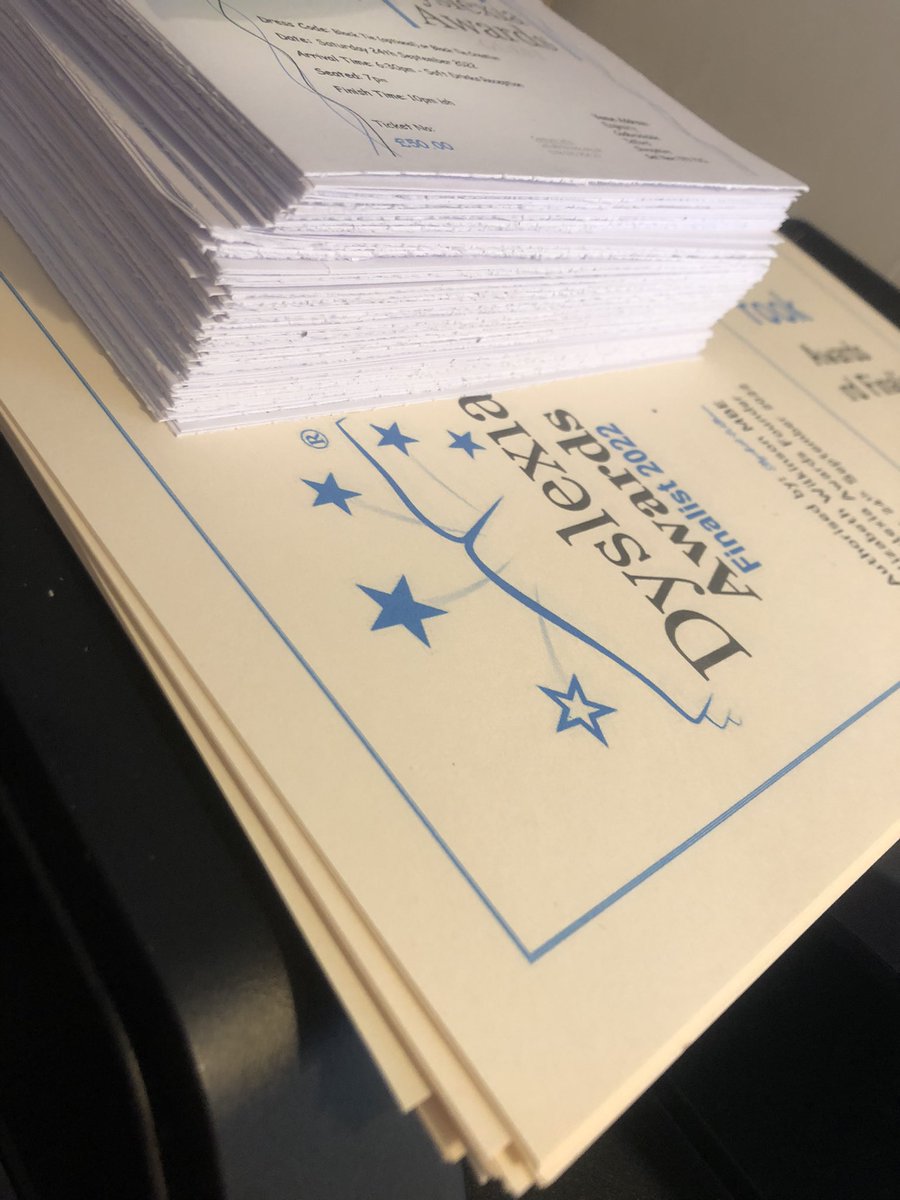 Yesterday was a Dyslexia Awards Admin Day: 120 tickets designed, printed and cut, all Finalist Certificates printed and ready to be framed and the ‘And the winner is…’ cards printed as well but not on this photo!  👀 ⭐️ the admin continues … Monday &amp; Tuesday 😊