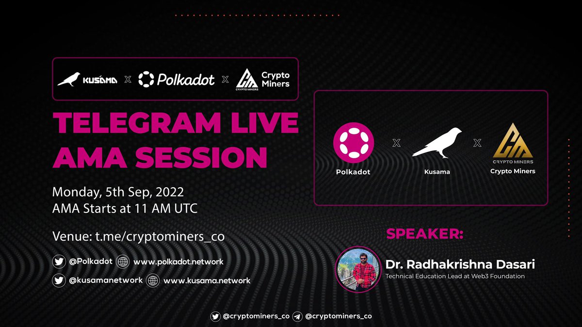 Polkadot's tweet photo. Today at 1pm CEST, don't miss your chance to get introduced to the Polkadot & @kusamanetwork ecosystem, learn about parachains and @substrate_io, and take a peek into what's coming next for Polkadot.
Tune in to an AMA with @web3foundation's @DrW3RK at https://t.co/8oRHZQ6yvZ. https://t.co/JBmiCjSSM0