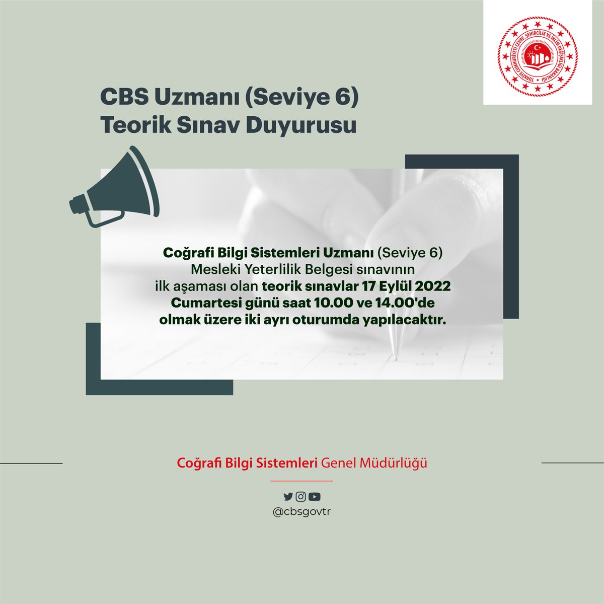 CBS Uzmanı (Seviye 6) Teorik Sınav Duyurusu 📢

🌐 cbsbelge.csb.gov.tr/cbs-uzmani-sev…

#cbsgovtr #cbsgm #cbsbelge