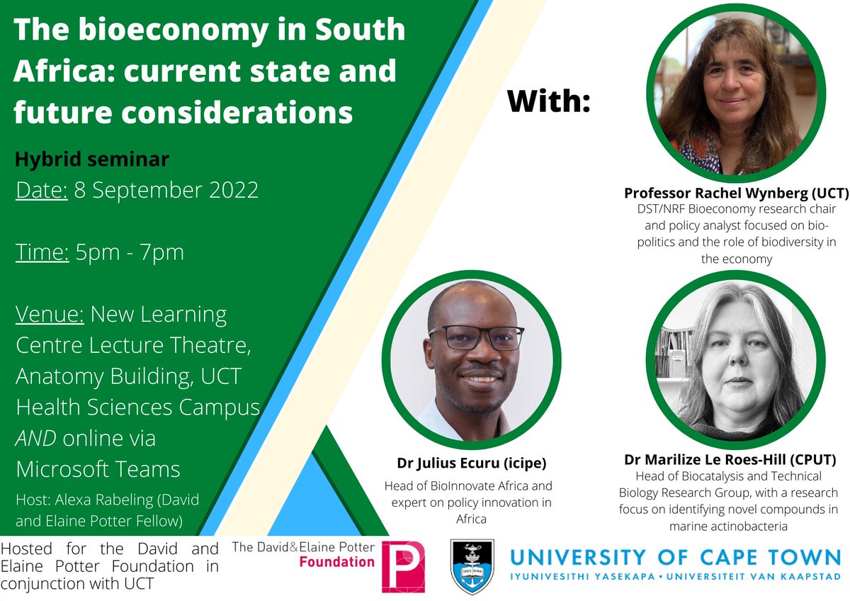 Join us on 8th September 2022 for a seminar on Bioeconomy in South Africa: current state and future considerations. RSVP for this event here: bit.ly/3RAXaQb
Join online: bit.ly/3KO1fOH
<a href="/UCT_news/">UCT</a>  <a href="/UCTpostgrads/">UCT Postgrad Studies</a> #bioeconomy #DavidandElainePotterFoundation