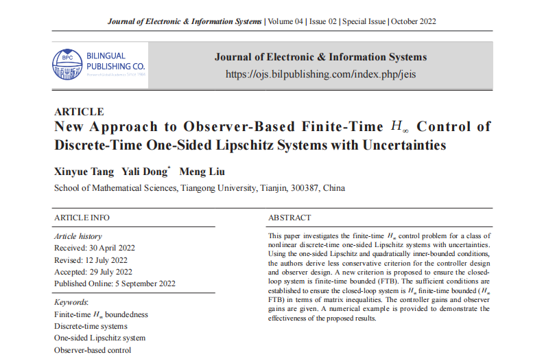 bilingual_pub's tweet photo. New Approach to Observer-Based Finite-Time H∞ Control of Discrete-Time One-Sided Lipschitz Systems with Uncertainties
#FinitetimeHboundedness #Discretetimesystems #OnesidedLipschitzsystem #Observerbasedcontrol
DOI: https://t.co/1FWXG2n3CF https://t.co/NfZ6Kc1g6I