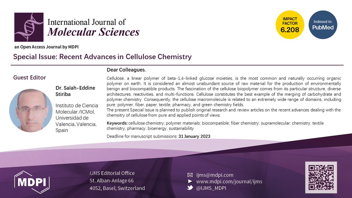 IJMS_MDPI's tweet image. Dr. Salah-Eddine Stiriba is leading a Special Issue "Recent Advances in #CelluloseChemistry" for us, check the website: mdpi.com/journal/ijms/s… and submit your publications!
#biocompatible
#fiber
#supramolecular
#textile
#pharmacy
#bioenergy
#sustainability