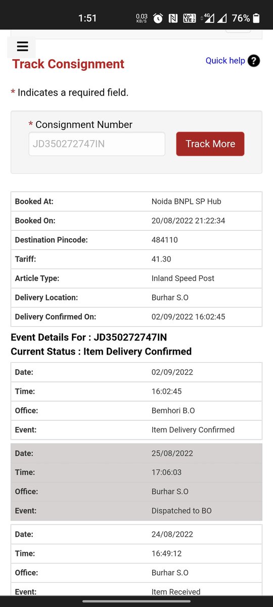 asutoshdwivedi's tweet photo. Consignment no JD350272747IN showing delivery confirmed 9n 02.09.2022 but not received to me yet. It contains SBI ATM card.

@TheOfficialSBI @IndiaPostOffice @CPMGMP please see the matter as this very usual in Bemhauri post office https://t.co/t7K6LJ3Cst