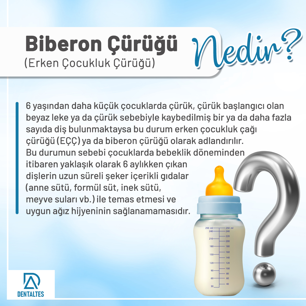 Biberon Çürüğü Nedir? 6 yaşından küçük çocuklarda çürük, çürük başlangıcı olan beyaz leke ya da çürük sebebiyle kaybedilmiş bir ya da daha fazla sayıda diş bulunmasıdır. Detaylı bilgi ve randevu için : 0216 784 4394 #DentAltes #dişhekimi #dişkliniği #İstanbul #altunizade