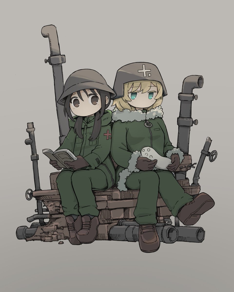 2girls multiple girls helmet blonde hair military helmet black hair sitting  illustration images