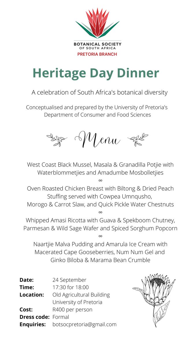 We are pleased to announce the menu for our Heritage Day dinner, conceptualised by the <a href="/UPnasagric/">UP Faculty of Natural and Agricultural Sciences</a> Department of Consumer and Food Sciences students🌿

This event is open to everyone, as a celebration of South Africa's botanical diversity🌱 

Enquiries: botsocpretoria@gmail.com