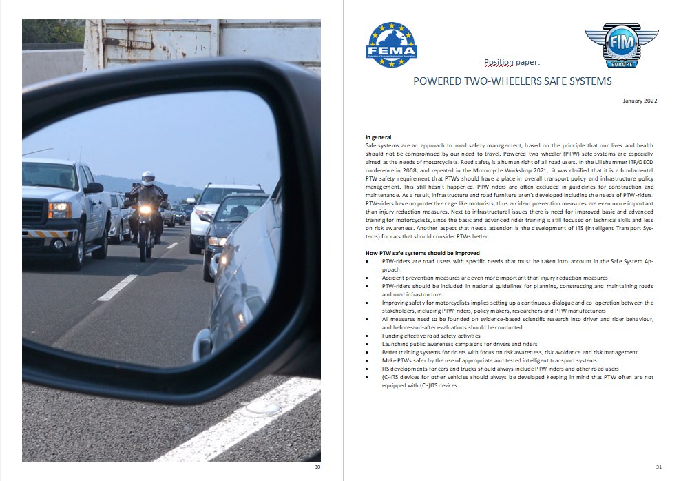 femaonline's tweet photo. FIM Europe and FEMA position papers, page 31:

Motorcyclists should be included in national guidelines for planning, constructing and maintaining roads and road infrastructure.

The full set of position papers can be found here: https://t.co/AtLqLE3PMn https://t.co/K1FGdnFpn1