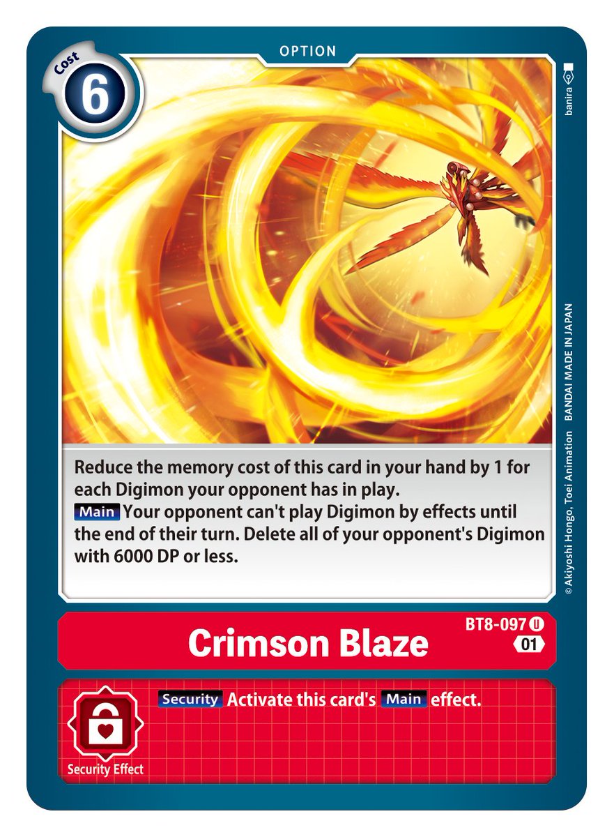 Errata Cards 09.05.22] BT8-097 Crimson Blaze and BT9-067 Raidenmon have had  their text changed to correct their translations. Revised printings of  these cards are not available. We apologize for the inconvenience.  https://t.co/jSoIgRY16J #