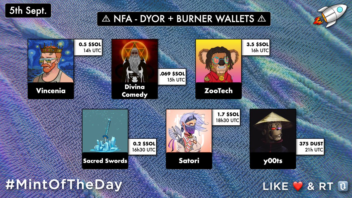 🔥 Today's #SolanaNFTs Mints 🔥

14UTC ・<a href="/Vincenia_NFT/">Vincenia</a>・0.5 $SOL
15UTC・<a href="/DivinaComedyNFT/">Divina Comedy</a>・0.069 $SOL
16UTC・@ZooTechNFT・3.5 $SOL
16:30UTC・<a href="/SenseiLabsNFT/">Sensei Labs</a>・0.2 $SOL
18:30UTC・<a href="/NFT_Satori/">さとり もりぐち</a>・1.7 $SOL
21UTC・<a href="/y00tsNFT/">y00ts</a>・375 $DUST

#MintOfTheDay 🚀