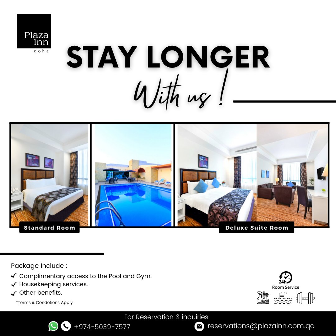 We bring you ample spaces to enjoy the serenity in #serene Book your Room with plenty of privileges, including housekeeping services, complimentary pool &amp; gym access.
For reservations &amp; inquiries;
📞+974 5039 7577
wa.me/qr/GKKBL7R3K6V…
📧 reservations@plazainn.com.qa
#Qatar2022