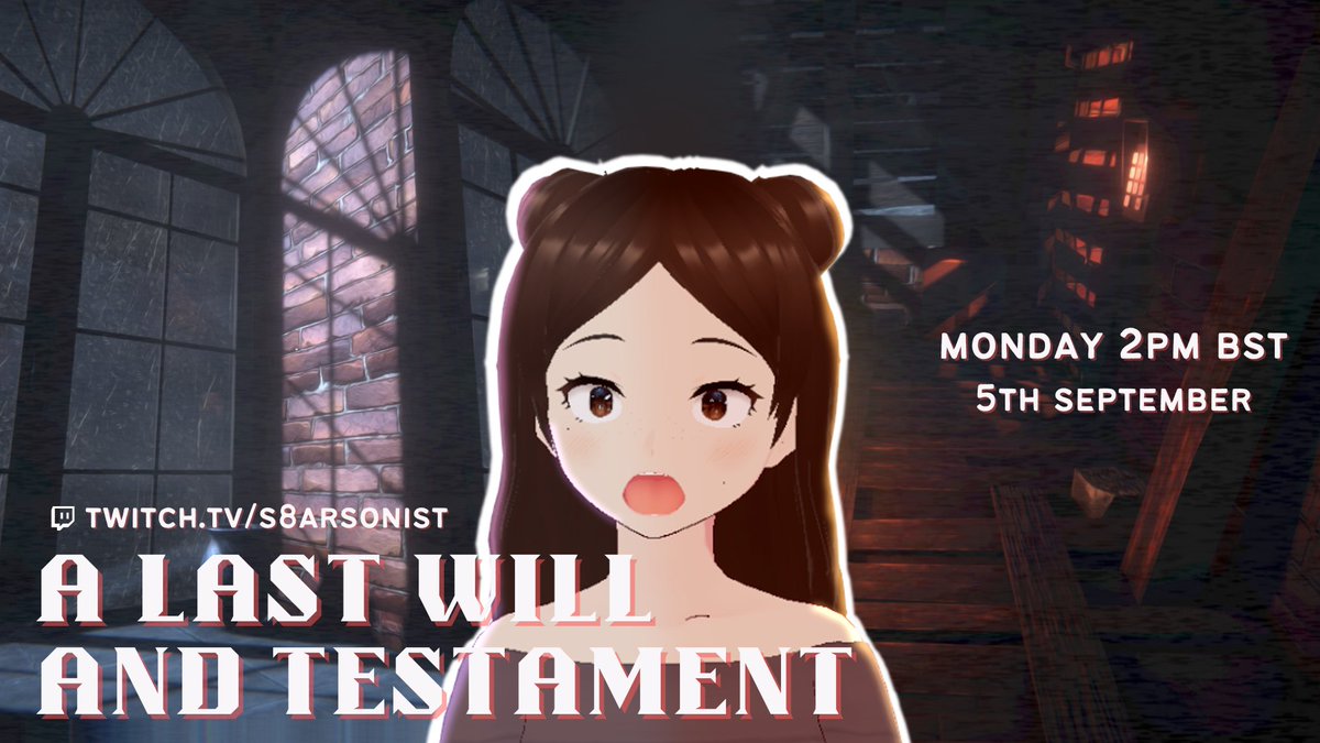 s8arsonist's tweet photo. HI HELLO today we shall be playing a spoooooooky looking indie horror game titled A Last Will and Testament!
i am going to need your wrinkly brains for this one for it looks like a puzzle... 📜😵💫
2pm BST - in 4 hours!
#vtubersen #vtuberuprising #testament_will #smallstreamer https://t.co/VnRTDNze7p
