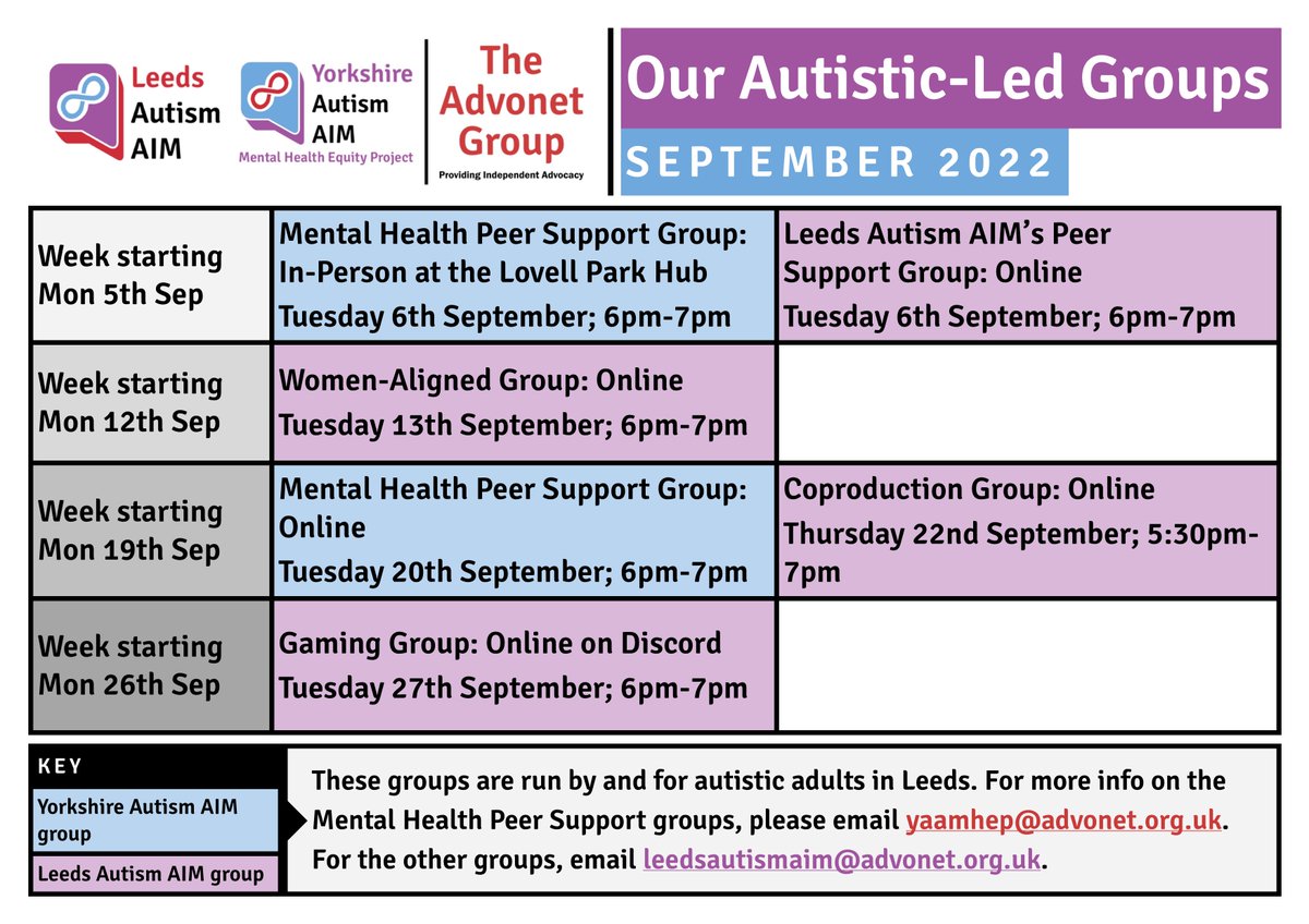 leedsautismAIM's tweet photo. Our and @yaamhep's #ActuallyAutistic-led Groups timetable for September is out now! https://t.co/yusdew2C1e