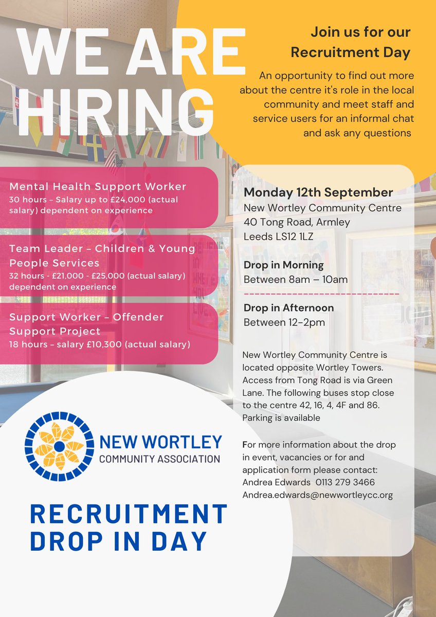 AbcdArmley's tweet photo. Please share:
New Wortley Community Centre are having a recruitment day on Monday 12th September. Get in touch if you are interested in attending @Leedsjobstoday @InvolvingYou https://t.co/BR7qCNYaFj