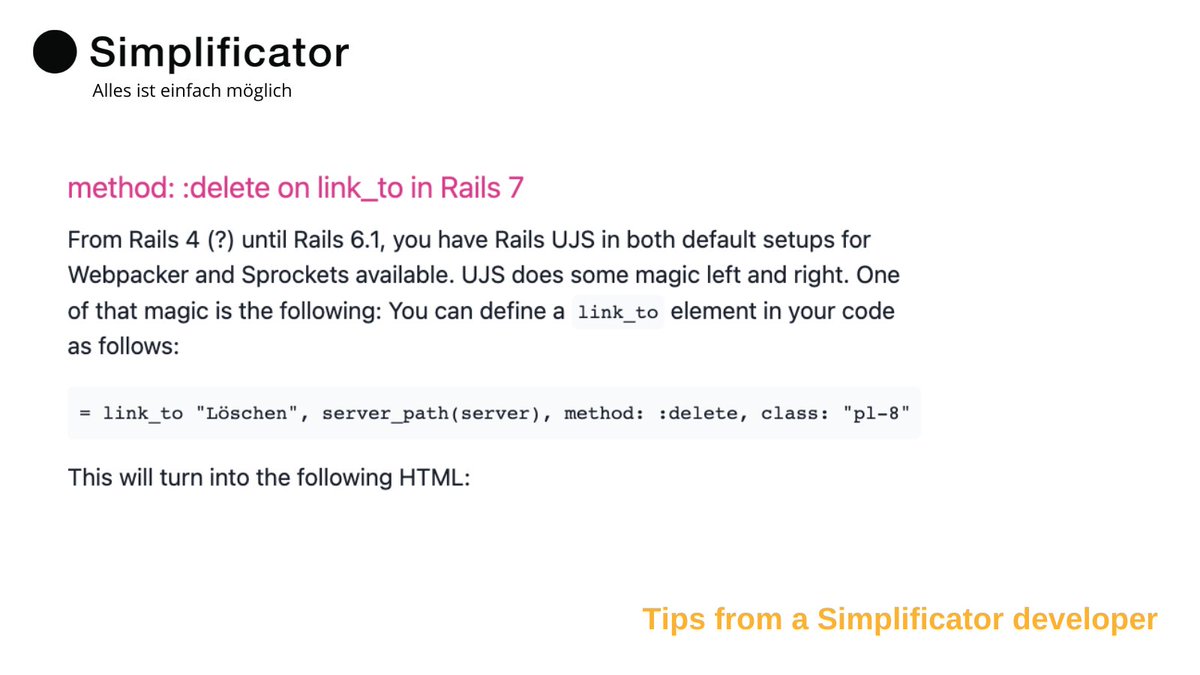 Let’s spread the #ITknowledge !

Click on the link below to know how you can delete on link_to in Rails 7, to explore resources and to learn more about it.
til.simplificator.com/posts/71
#rails7 #rubyonrails #Simplificator #programmingtips