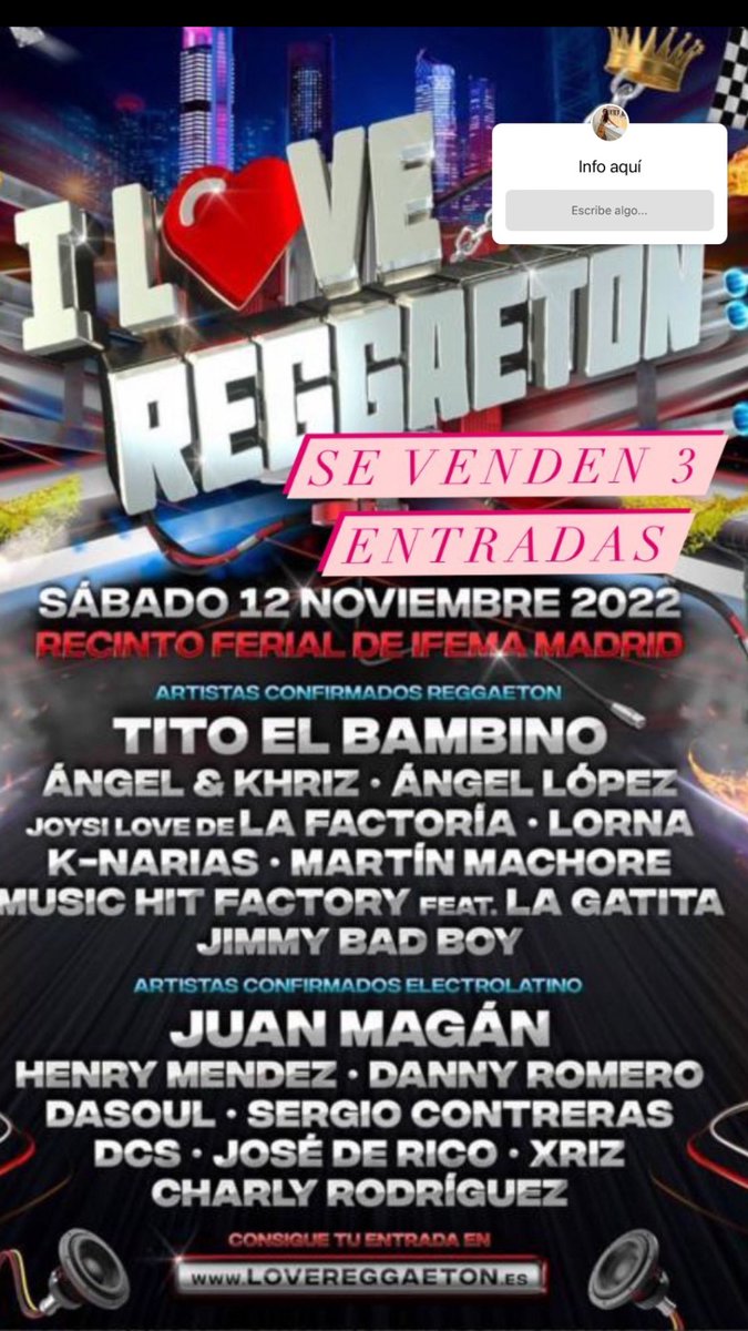LGZ63755152's tweet photo. Se venden 3 entradas para el reggaeton festival de Ifema en Madrid el 12 de noviembre. Interesados escribir por privado. https://t.co/Ju7UvOzLNw
